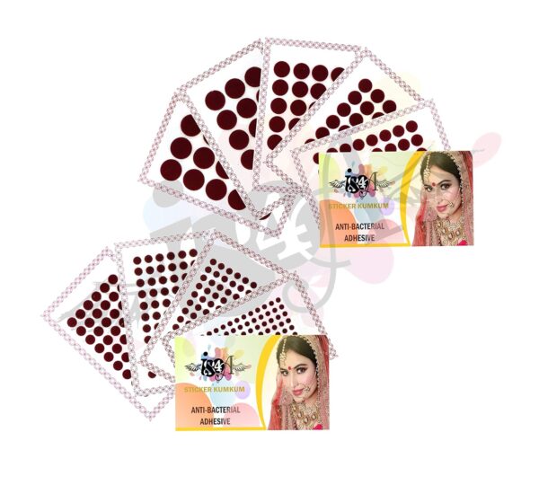 IS4A 447 Multicolored Bollywood Forehead Stickers Adhesive Body Jewelry 9 Cards of Different Sized Tattoo Velvet Bindi Round Dot (Maroon (Deep Red))