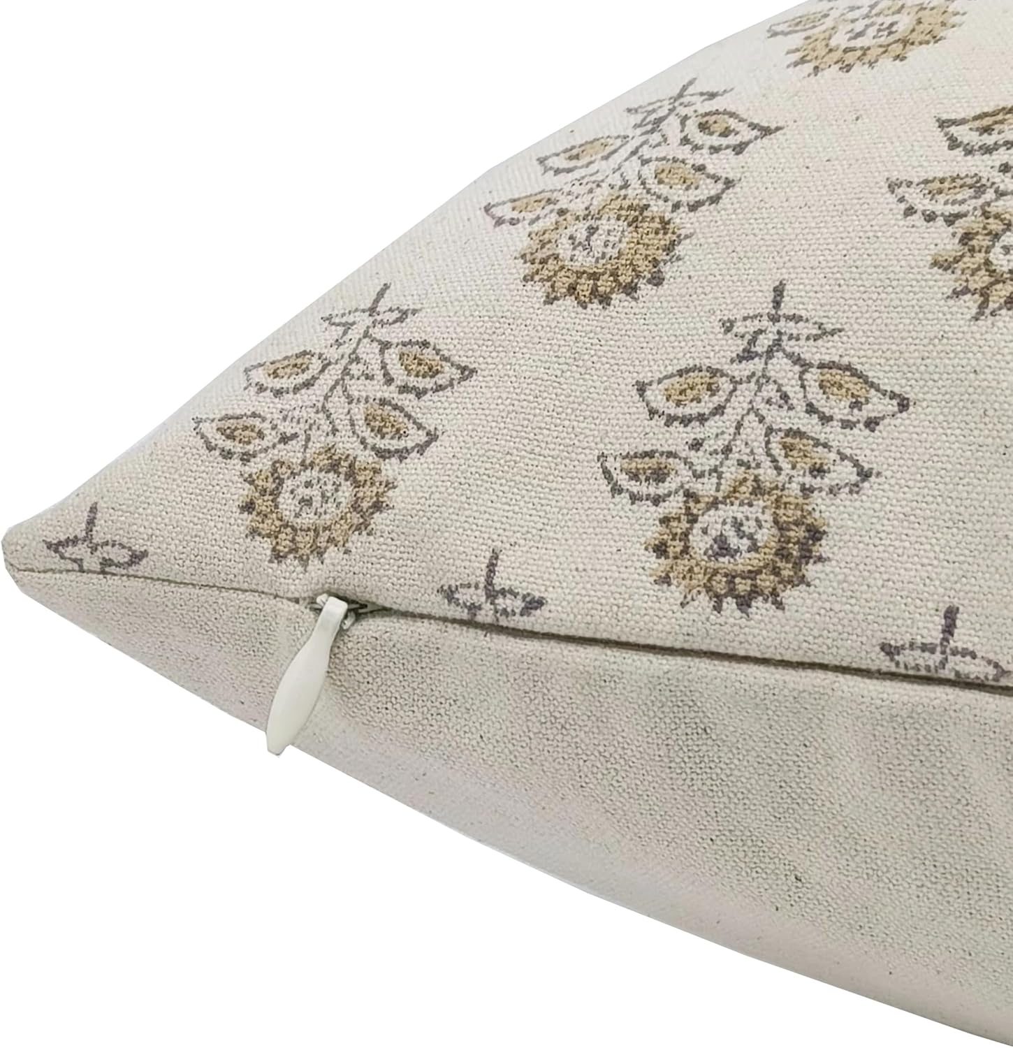 Off White Linen Throw Pillowcase Cover 18X18 Bedroom Pillow Handloom Print, Cushion Cover with Invisiable Zipper for Sofa and Couch, Floral Print with Boho, Bagru Buti, Light Yellow - Image 3