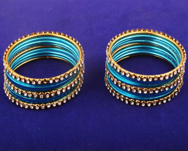 Touchstone "Colorful Collection Indian Bollywood Alloy Single Line Clear Rhinestone and Textured Color Bangle Bracelets Set of 18 in Antique Gold Tone for Women. - Image 3