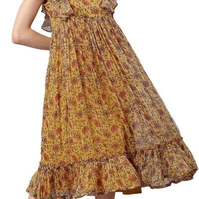 Janasya Indian Women's Mustard Floral Printed Georgette Western Dress for Women