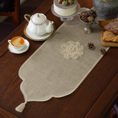 Macrame Table Runner Farmhouse Rustic Dresser Scarf Crochet Handmade Cotton Lace Doily with Tassel for Kitchen Dining Coffee Table Outdoor Fireplace (Beige, 14 x 36 Inches)