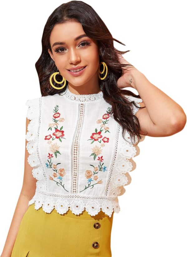Floerns Women's Mock Neck Guipure Lace Trim Embroidery Blouse Tops - Image 5