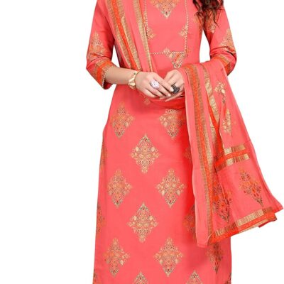 Rajnandini Women's Pure Cambric Cotton Jaipuri Printed Straight Kurta Set with Dupatta (Ready to Wear; Pink; 3XL)