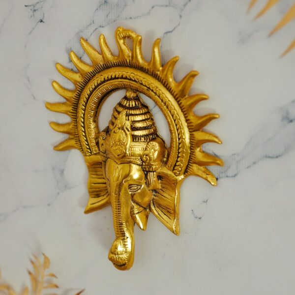 TIED RIBBONS Ganesh Wall Hanging for Home 9 Inch | Brass Ganesh Face with Sun Statue | Indian God Idol | Traditional Wall Décor Antique Ganpati Statue for Home, Entrance, Indian Decorations for Home - Image 3