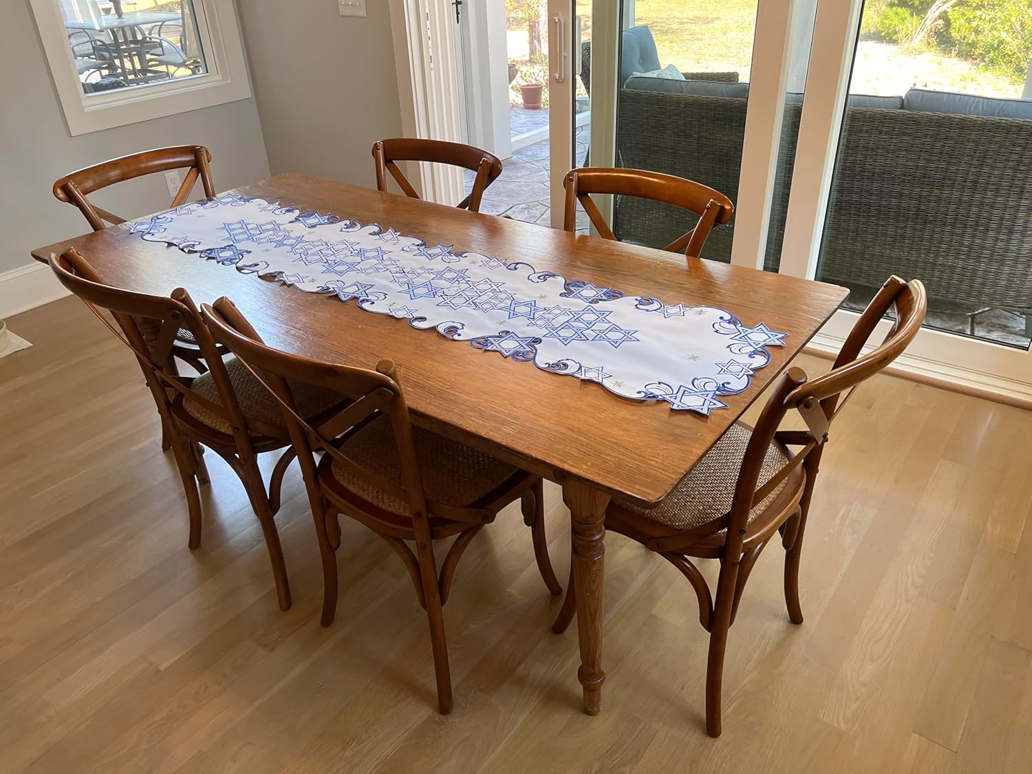 Holiday Star of David Purim Passover Jewish Table Runner Topper Blue Embroidered Cut Work Topper Linen Decorations (16" x 36") - Image 5