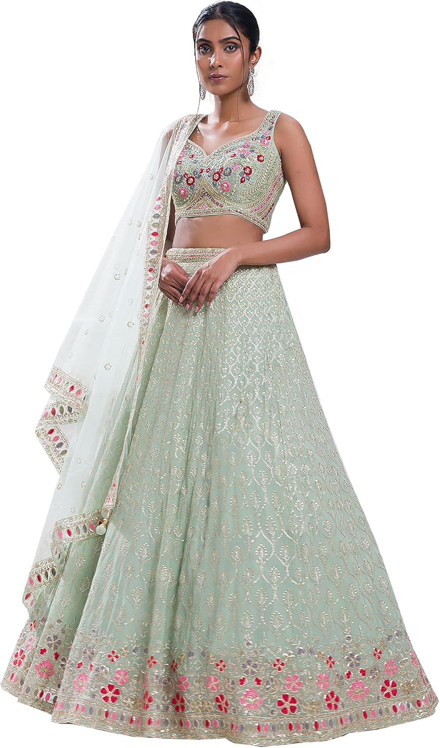TRENDMALLS Women's LightGreen Georgette Embroidery Sequence Work Lehenga Choli Blouse with Dupatta For Women