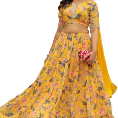 Janasya Indian Women's Georgette Floral Printed Tiered Lehenga Choli Set