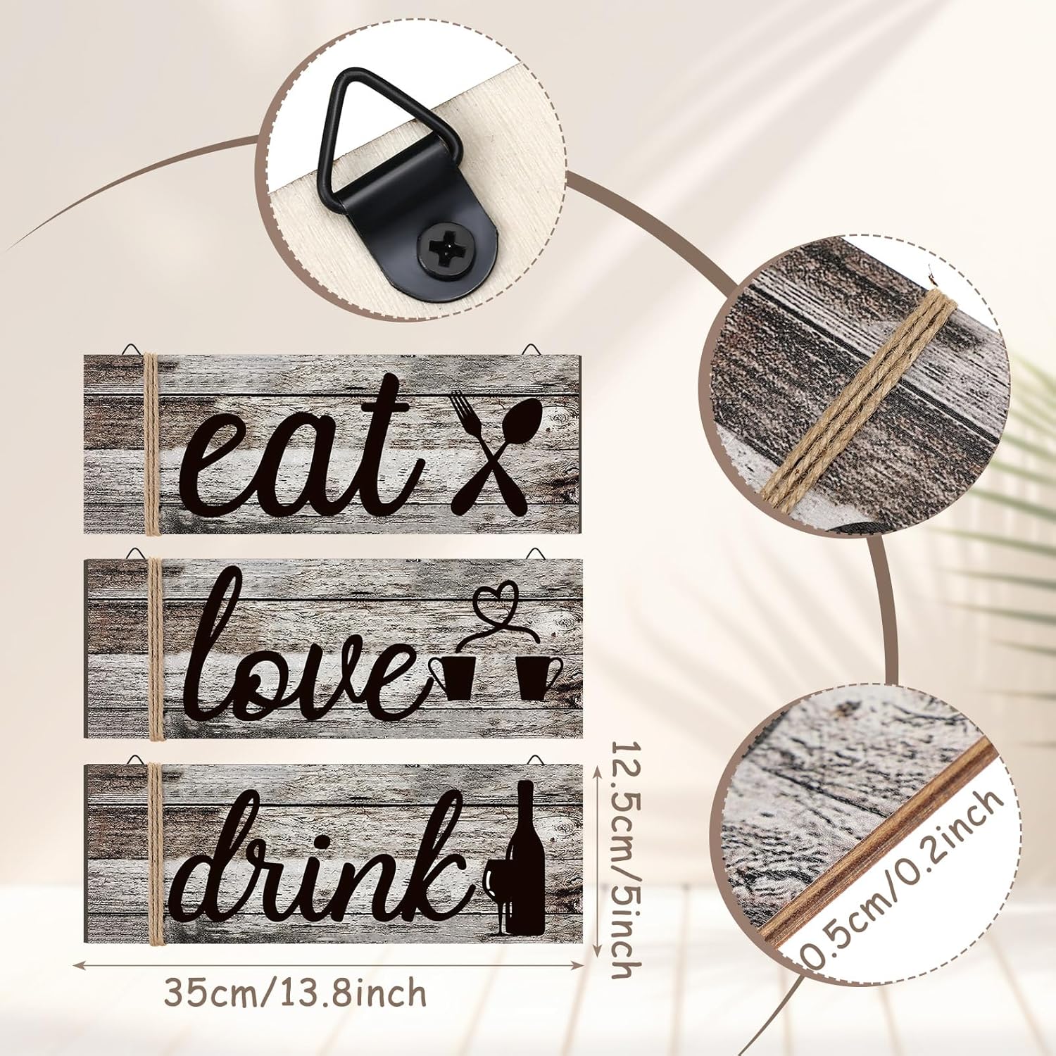 Jetec 3 Pcs Farmhouse Kitchen Wall Decor Eat Sign Rustic Wooden Kitchen Sign Wood Home Sign Eat Drink Love Sign with Hanging Hole for Home Kitchen Living Room Bar Decor (Classic Color,Rustic Style) - Image 2