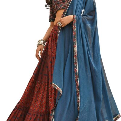 Janasya Indian Women's Pure Cotton Ajrakh Printed Tiered Ready To Wear Lehenga Choli Set