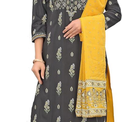Womens Rayon Gold Printed Kurta Palazzo With Dupatta