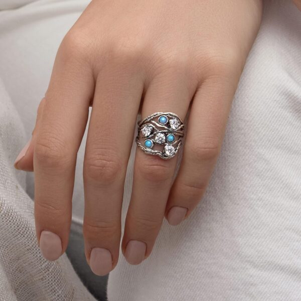 925 Sterling Silver Ring With 3 Blue Round Opal and 4 White Round Cubic Zirconia, Boho Chic Vintage Look, Hypoallergenic, Nickel and Lead-free, Artisan Handcrafted Designer collection, Made In Israel - Image 2