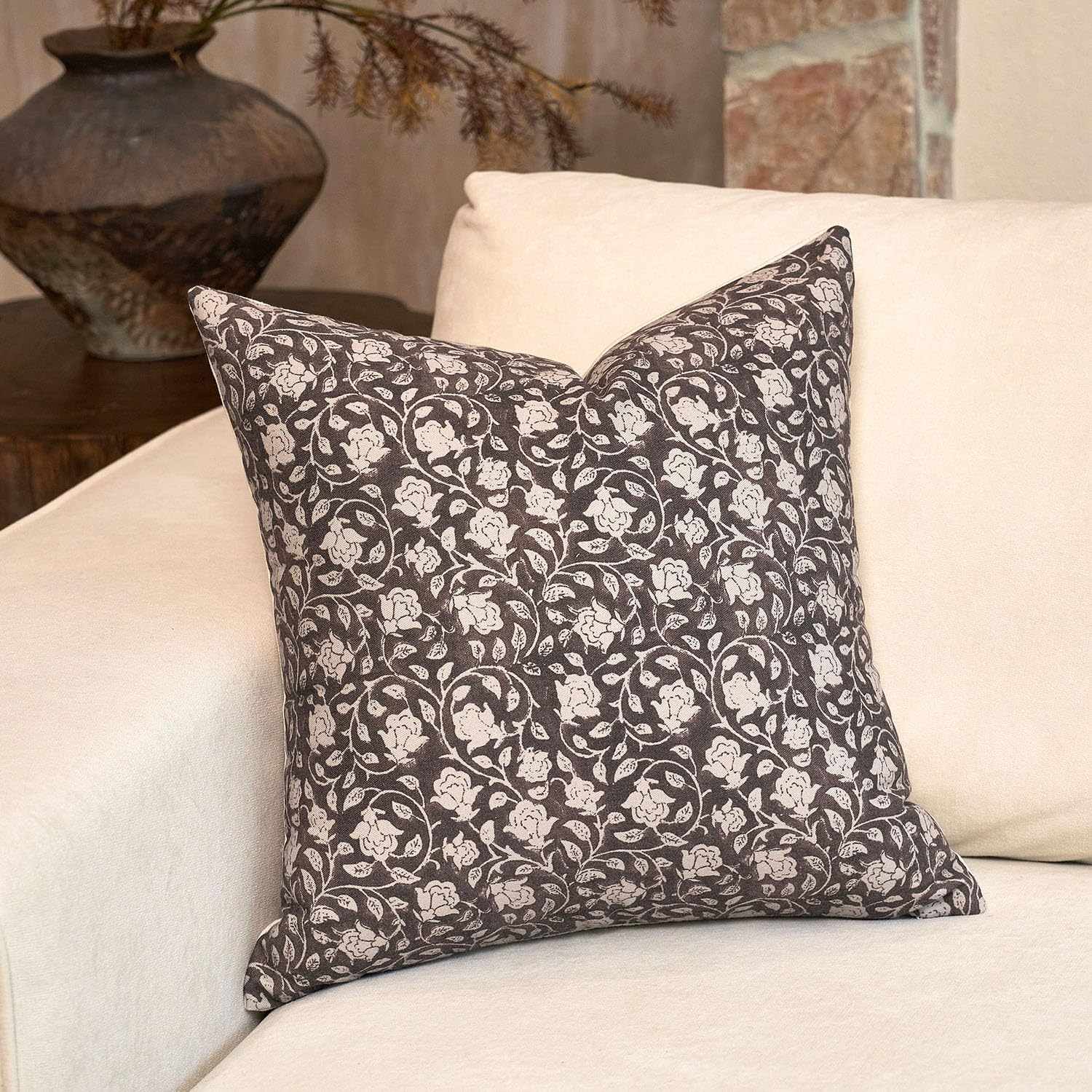 DOMVITUS Floral Pillow Covers 20x20, Throw Pillows for Couch, Block Print Pillow Cover, Decorative Neutral Accent Throw Pillow Covers for Living Room, 1PC, Dark Brown