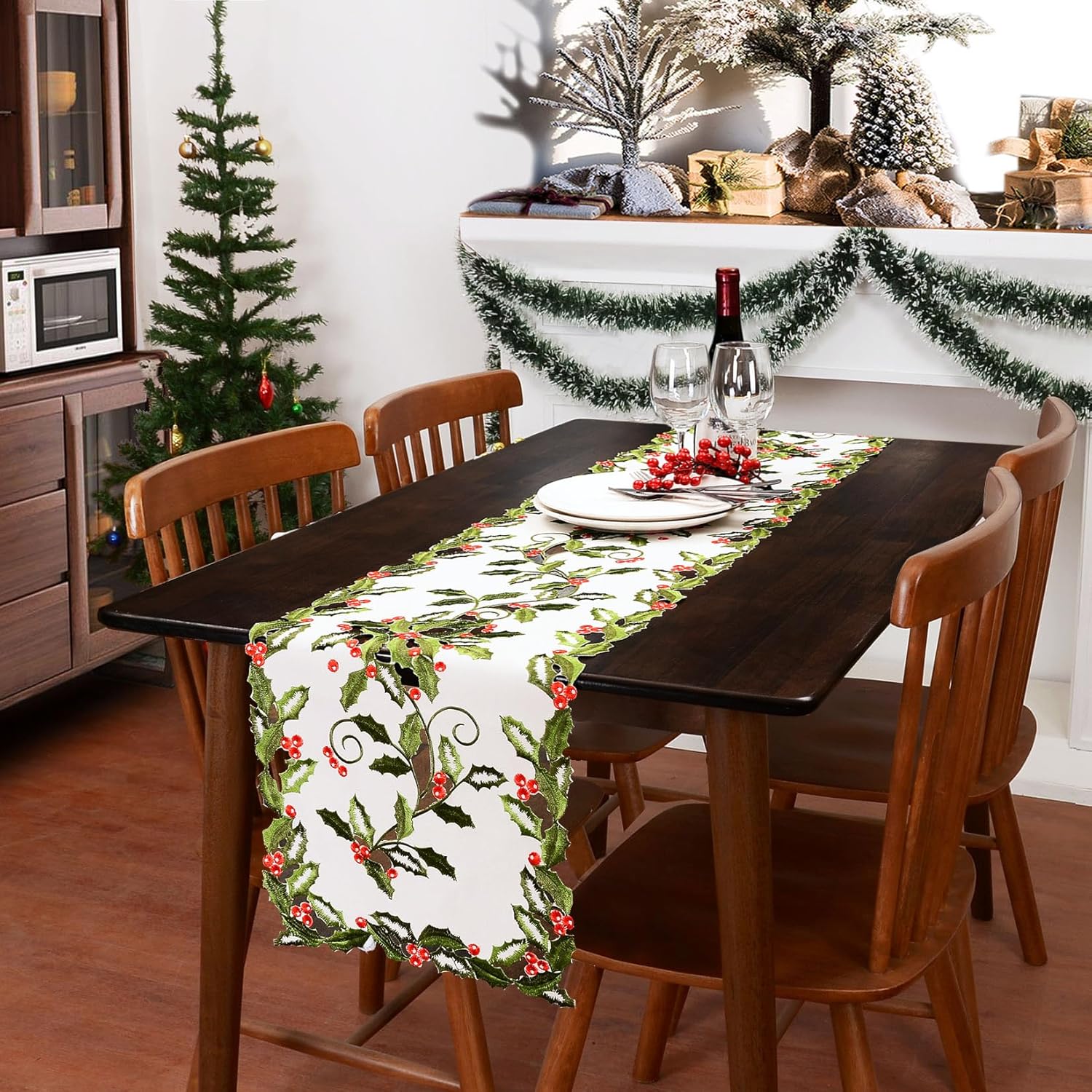 Grelucgo Embroidered Holly Leaves and Berries Table Runner for Christmas Holidays (14x70 Inches) - Image 6