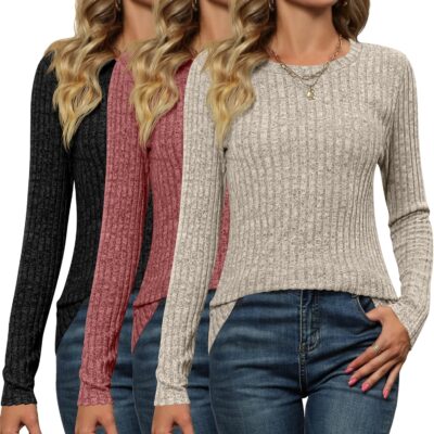 Huukeay 3 Pack Women's Long Sleeve Sweaters, Lightweight Crew Neck Shirts Regular Fit Tunic Tops Casual Solid Color Pullover
