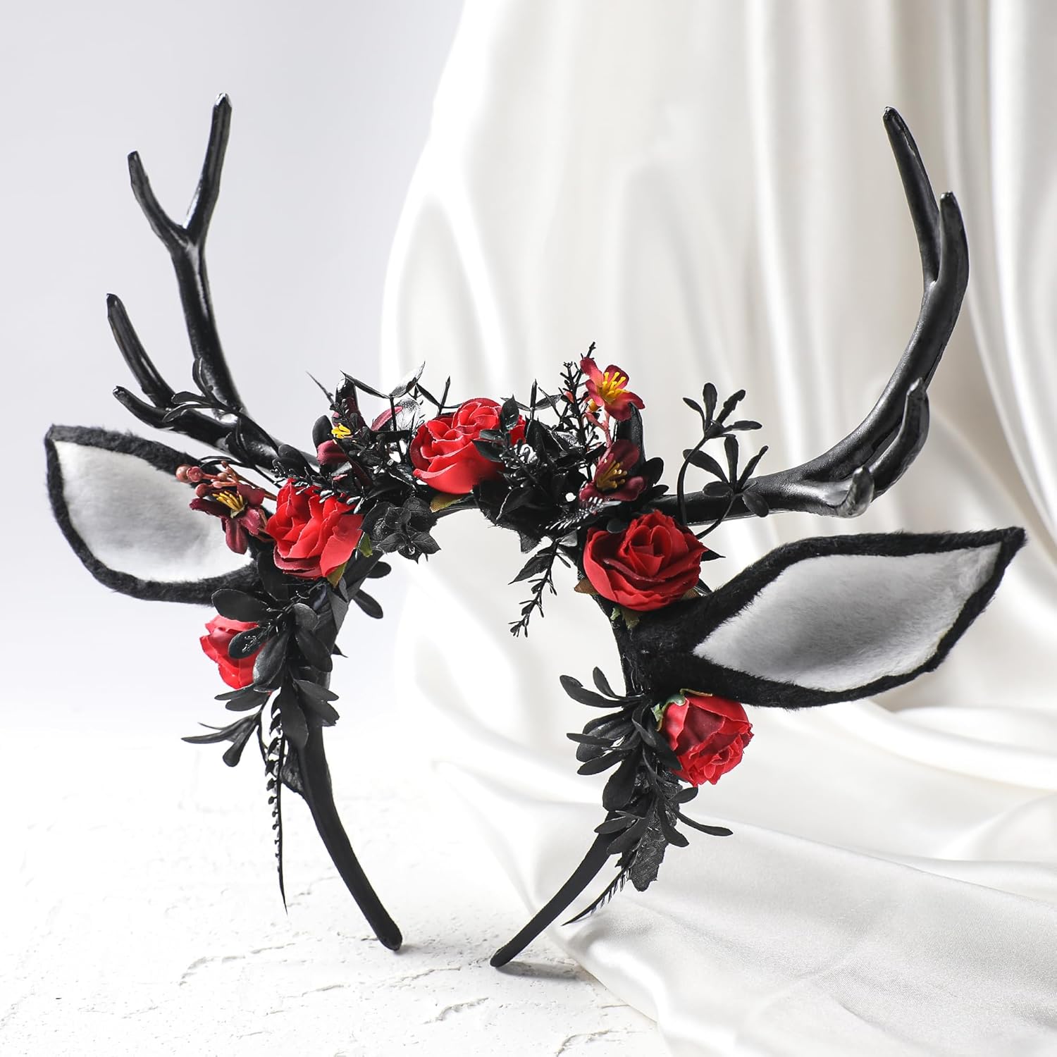 MOSTORY Black Flower Antlers Headband - Dark Floral Deer Horns Headband with Deer Ears Gothic Reindeer Headpiece for Renaissance Renfaire Outfit Halloween Deer Coslpay - Image 4
