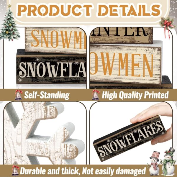 4 Pcs Winter Wooden Tabletop Decor Snowflake Tiered Tray Decor Christmas Centerpiece Rustic Winter Snow Block Signs Gift Farmhouse Winter Table Shelf Decoration for Home Office Party (Snow) - Image 5