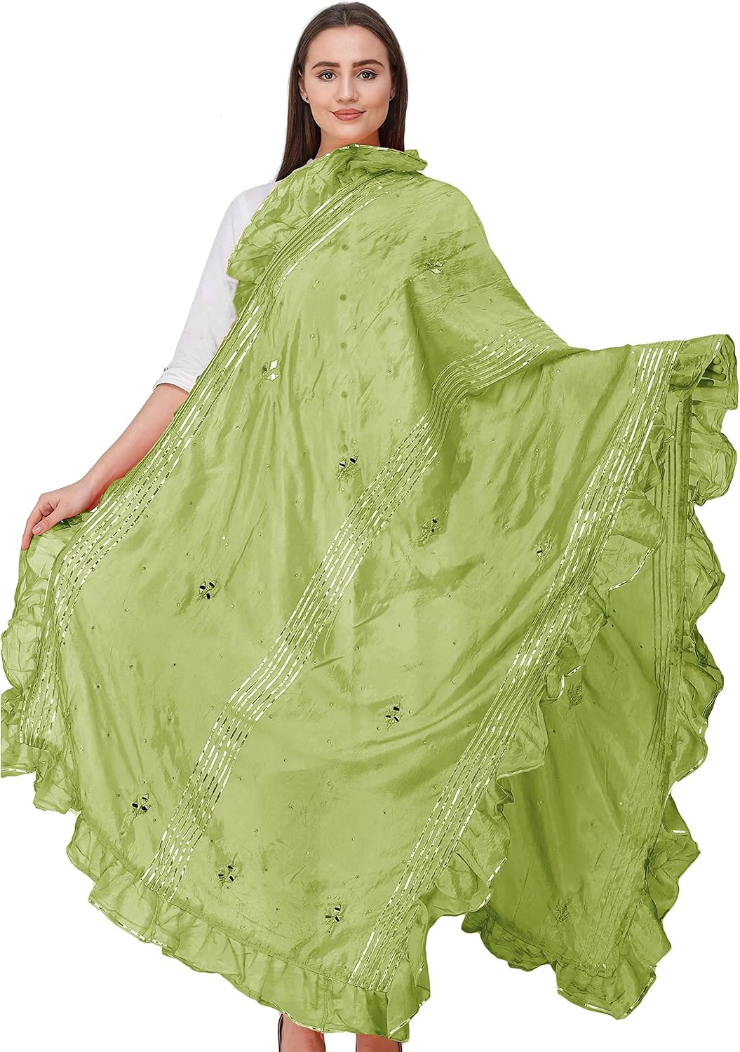 Exotic India Dupatta from Amritsar with Gota Patches and Frill Border - Art Silk