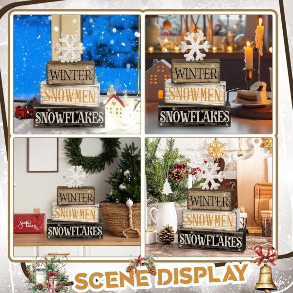 4 Pcs Winter Wooden Tabletop Decor Snowflake Tiered Tray Decor Christmas Centerpiece Rustic Winter Snow Block Signs Gift Farmhouse Winter Table Shelf Decoration for Home Office Party (Snow) - Image 4