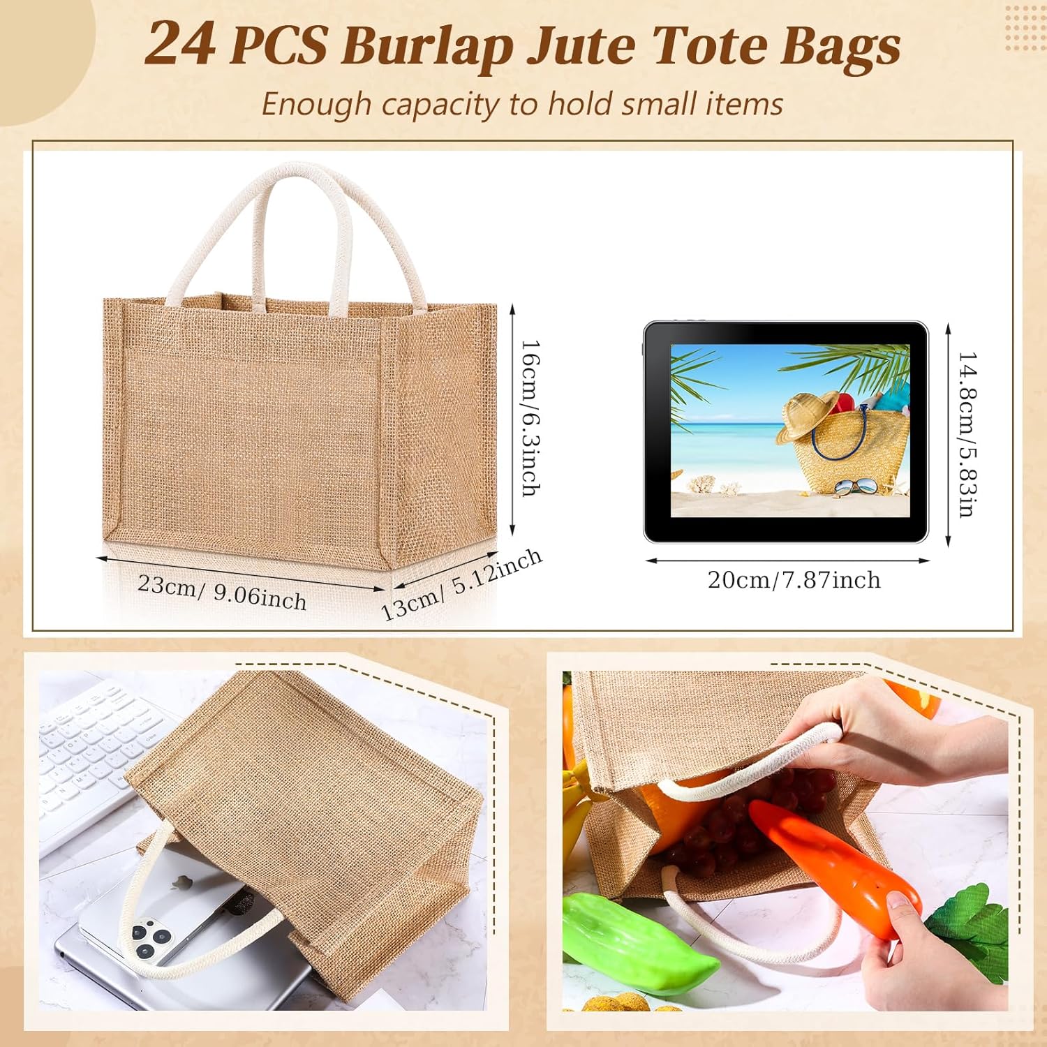 Cunno 24 Pcs Burlap Tote Bag Mini Jute Reusable Bag with Handles Small Blank Canvas Gift Bag Waterproof for Wedding Beach DIY(9.06 x 6.3 x 5.12,Classic) - Image 2