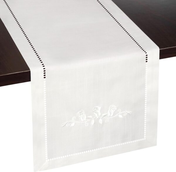 White Rose Embroidered Table Runner - Elegant Dresser Scarf for Bedrooms and Dining Tables, Machine Washable, Perfect for Rustic Farmhouse or Communion Decor (13 x 54 Inches Long)
