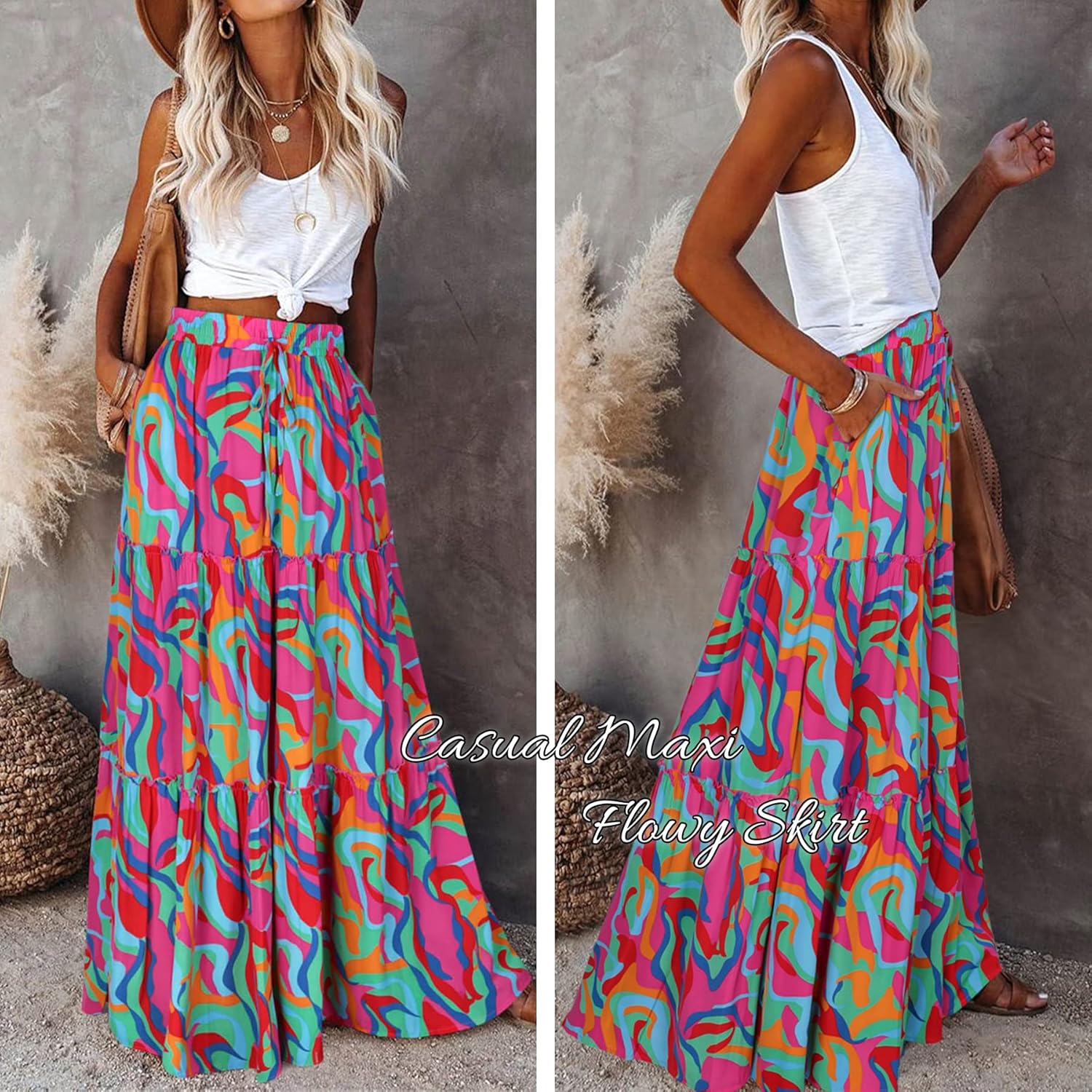EARKOHA Womens Casual High Waist Tie Paisley Print Long Maxi Skirt with Pockets - Image 2