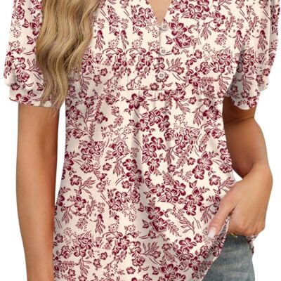 IECCP Puff Short Sleeve Shirts for Women Casual V-Neck Button Down Summer Tops Basic Pleated T-Shirts Loose Fit Tunic Blouses