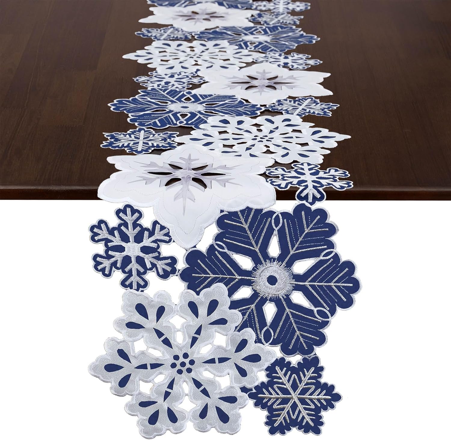 Grelucgo Embroidered Navy Blue Snowflake Table Runner, Christmas Party Decor, Winter Holiday Decorations (14x107 inches)