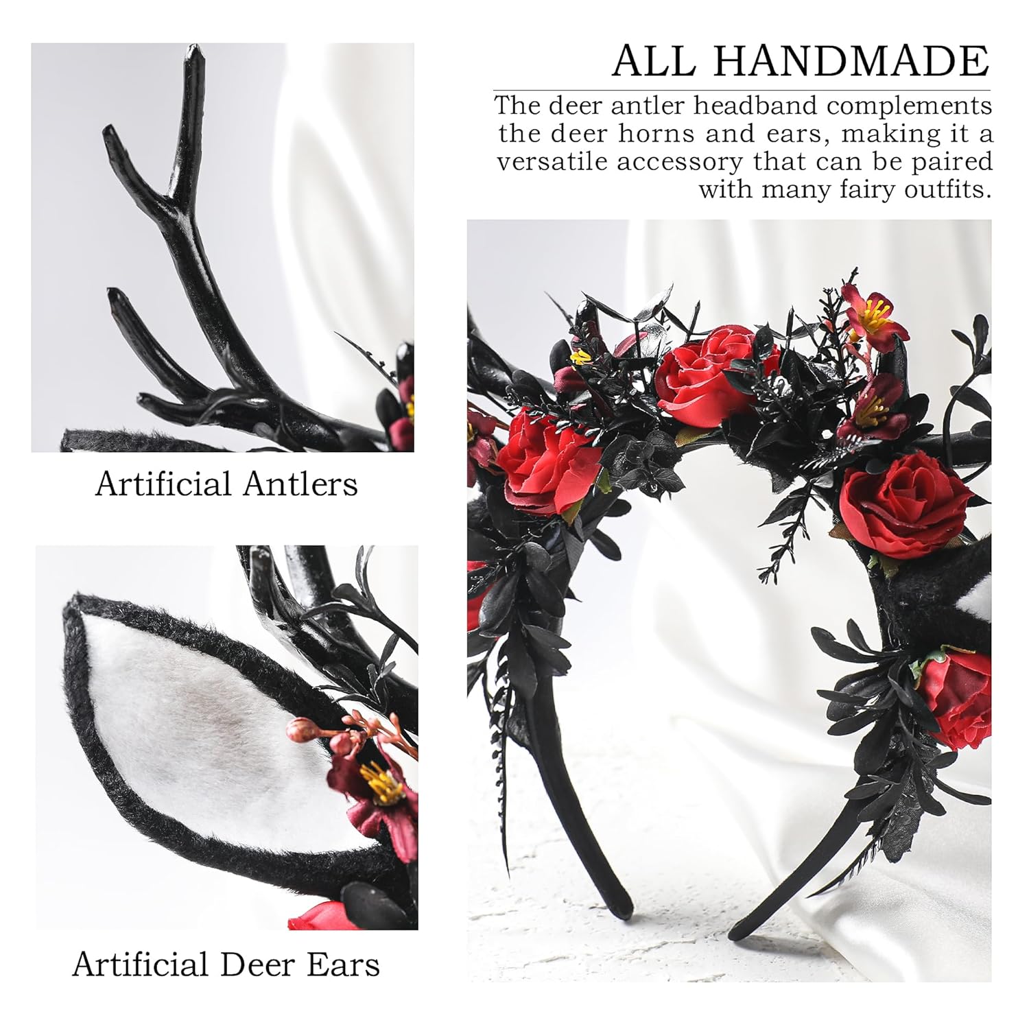 MOSTORY Black Flower Antlers Headband - Dark Floral Deer Horns Headband with Deer Ears Gothic Reindeer Headpiece for Renaissance Renfaire Outfit Halloween Deer Coslpay - Image 5