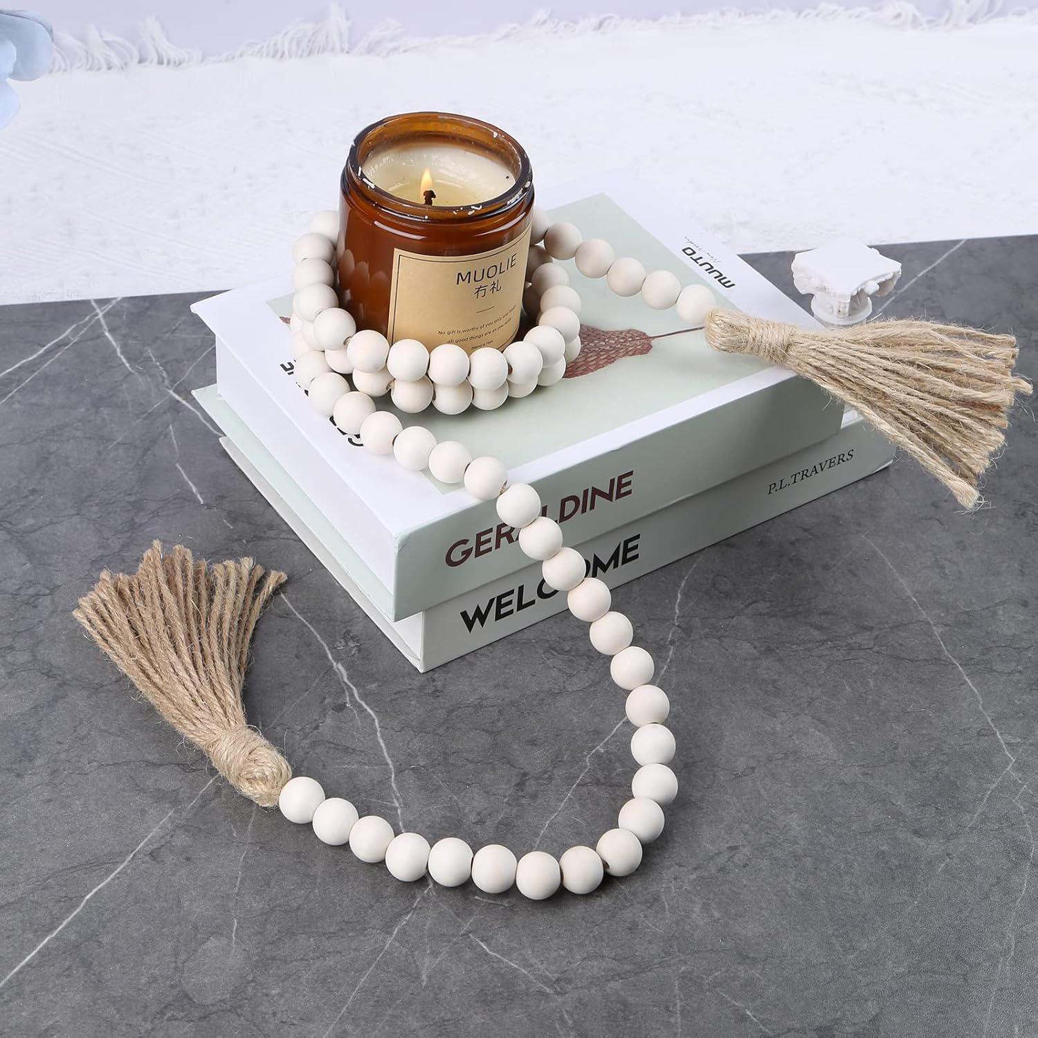 Farmhouse Beads 58in Wood Bead Garland with Tassels Rustic Country Decor Prayer Boho Beads Big Wall Hanging Decor - Image 8