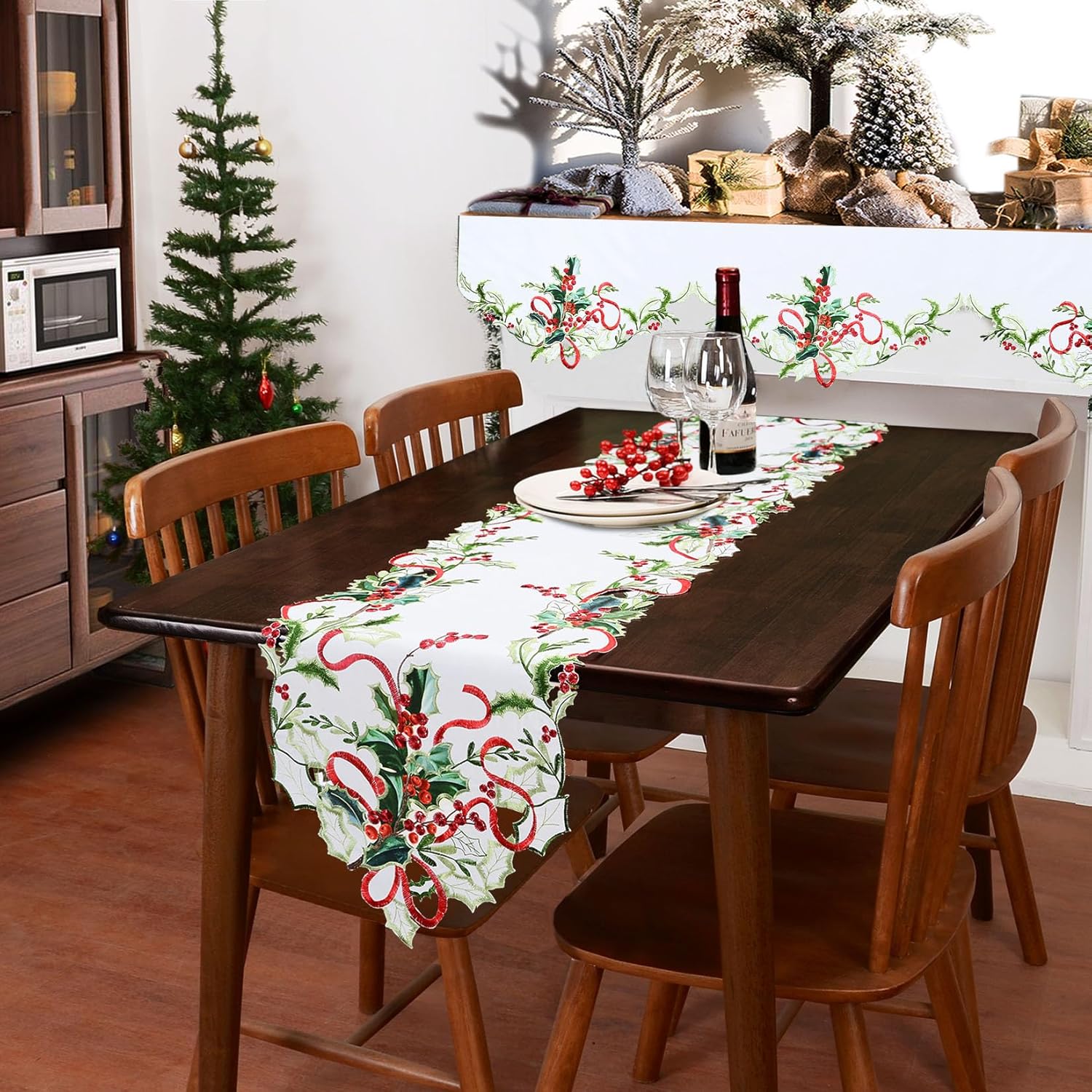 Grelucgo Embroidered Holly Leaves Table Runner for Christmas Holiday (14x70 inches) - Image 5