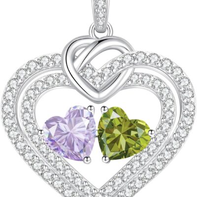 LOUISA SECRET Christmas Gifts for Women, Sparkling Double Heart Birthstone Necklaces for Women, 925 Sterling Silver Fine Jewelry, Ideal Anniversary or BirthGifts for Wife Mom Girlfriend Lady