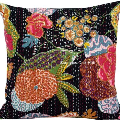 Handloom Kantha Stitch Floral Cotton Mandala Pillow Cover for Living Room, Ethnic Art Cushion Cover for Sofa, Couch, Bedroom, Car Cushion Cover (Black, 12X12 inch)