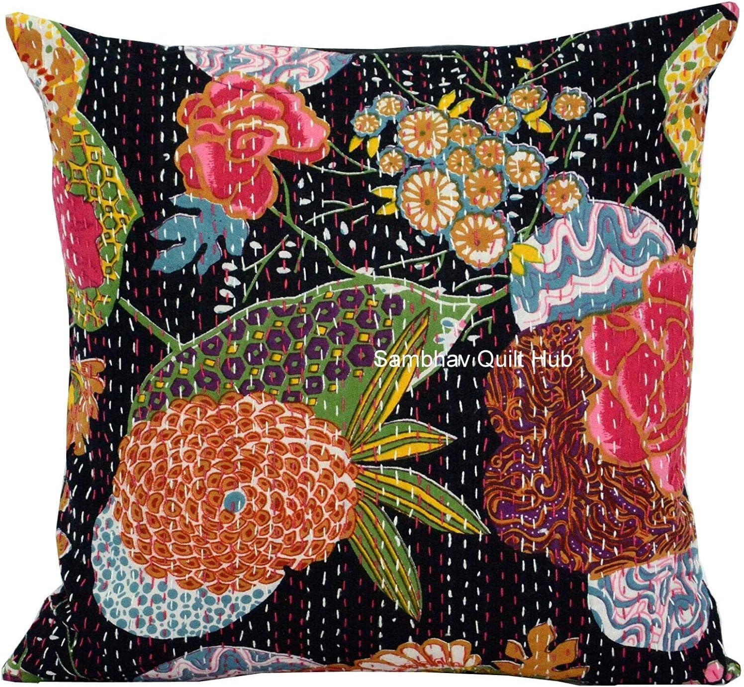 Handloom Kantha Stitch Floral Cotton Mandala Pillow Cover for Living Room, Ethnic Art Cushion Cover for Sofa, Couch, Bedroom, Car Cushion Cover (Black, 12X12 inch)