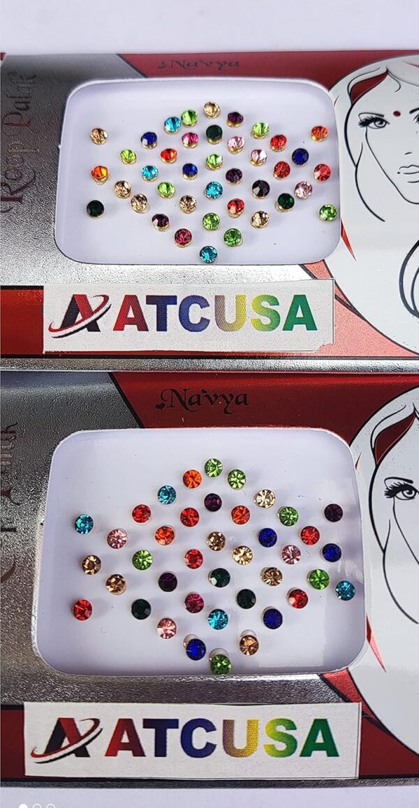 ATCUSA 140+ Bindi Dots Diamond Crystal Fake Nose stud/Ear Stud Indian Crafts bindi stickers Indian Bindi for women Face Jewels Gold black Multi tattoo Packet (Multi Colored Crystal Stones - Size 3mm) - Image 5