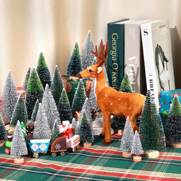 30Pcs Mini Christmas Trees Artificial Christmas Tree Bottle Brush Trees with Wooden Base for Christmas Decor Christmas Party Home Table Craft Decorations(Dark Green+Silver) - Image 2