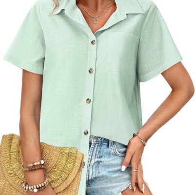 HOTOUCH Cotton Linen Button Down Shirt for Women V Neck Collared Blouse Casual Short Sleeve Tops with Pocket