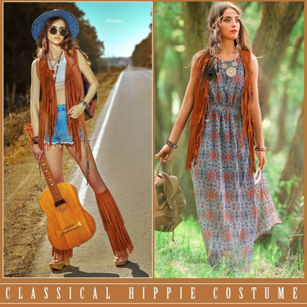 XunYee 9 Pc Women Fringe Vest 60s 70s Hippie Vest Costume Set Accessories Boot Covers Hairband Earrings Necklace Bracelet - Image 3