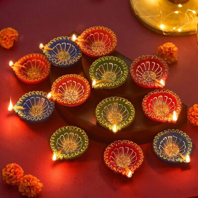 TIED RIBBONS 12 pcs Handmade Clay Diya for Diwali | Big Diwali Diyas Indian Style | Indian Oil Lamp | Diwali Decorations for Home | Terracotta Diyas | Diwali Diyas for Pooja | Diwali Gifts