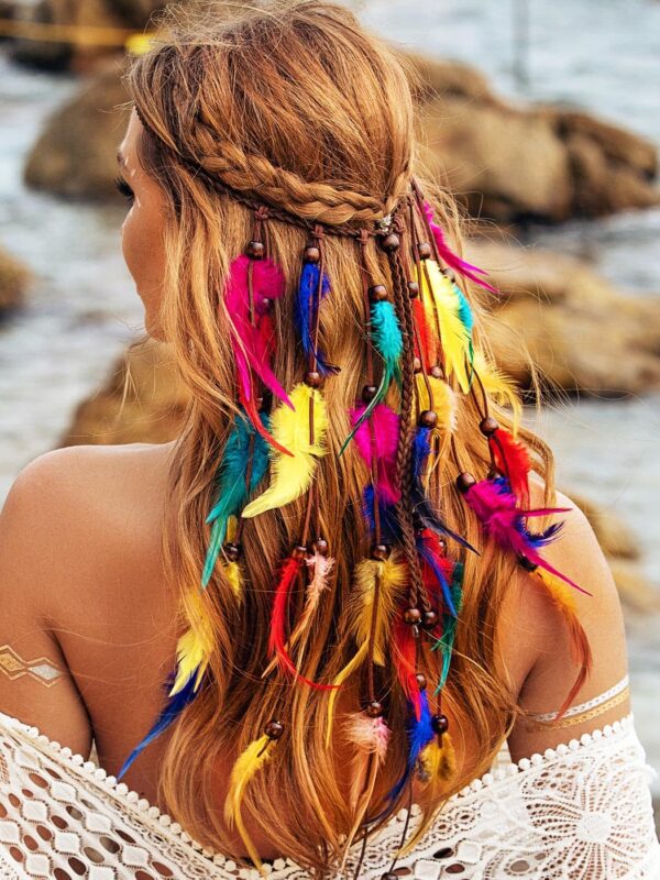 Boho Feather Headband Rainbow Indian Headbands Hippie Feather Headdress Adjustable Long Feather Hair Accessories for Women and Girls - Image 6