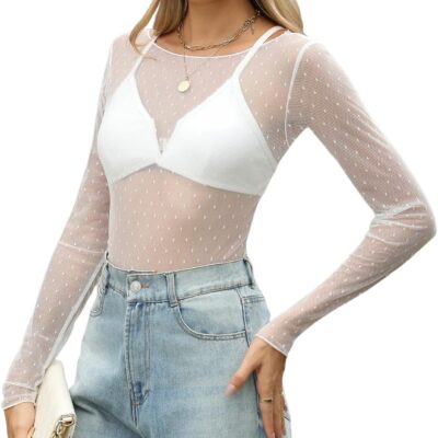 KTILG Womens Lace Long Sleeve Boat Neck Tops Embroidery Sheer Blouse Sexy See Through Shirt Mesh Top S-XXL