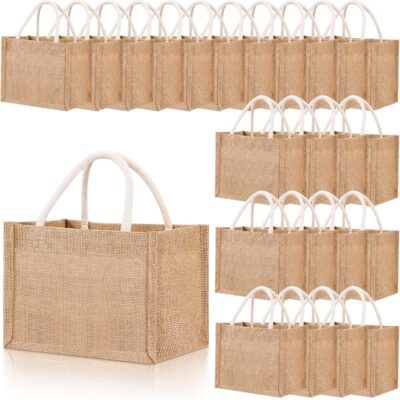 Cunno 24 Pcs Burlap Tote Bag Mini Jute Reusable Bag with Handles Small Blank Canvas Gift Bag Waterproof for Wedding Beach DIY(9.06 x 6.3 x 5.12,Classic)