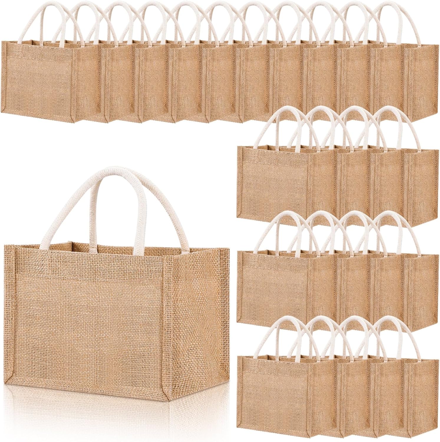 Cunno 24 Pcs Burlap Tote Bag Mini Jute Reusable Bag with Handles Small Blank Canvas Gift Bag Waterproof for Wedding Beach DIY(9.06 x 6.3 x 5.12,Classic)