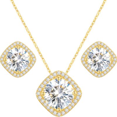 Square Moissanite Diamond Earrings and Necklace Set for Women/Men 18K White/Yellow Gold Sterling Silver Moissanite Jewelry Set for Bridal Wedding Birthday Anniversary Party