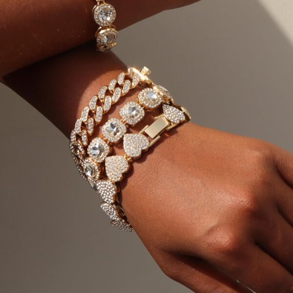 4PCS Gold Bracelets for Women Silver Clustered Tennis Bracelet for Women Heart Round Diamond Cuban Bracelet Layered Link Bracelet Set Fashion Jewelry for Women Set - Image 3