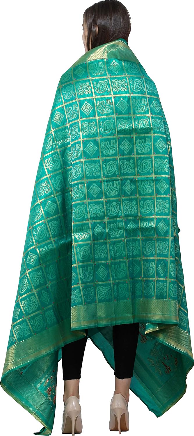 Exotic India Bandhani Gharchola Dupatta with Zari Weave and Brocaded Border - Art Silk - Image 3