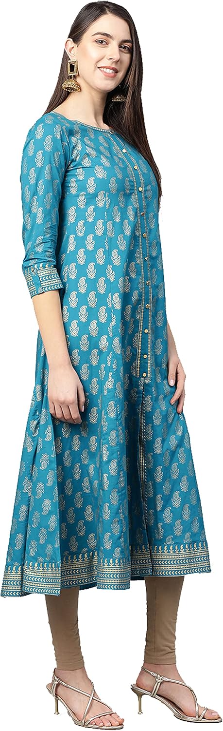 Indian Tunic Cotton Gold Print Anarkali Kurtis for Women (Red) - Image 2