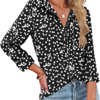 HOTOUCH Womens Button Down Shirts Long Sleeve Dress Shirts Casual V Neck Collared Tops Work Office Blouse with Pocket