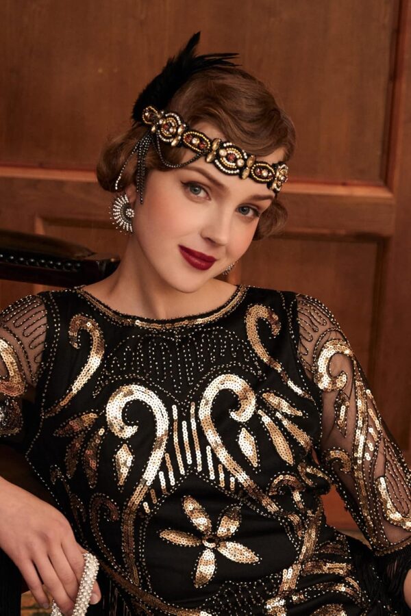BABEYOND 1920s Flapper Headband Roaring 20s Gatsby Headpiece Black Feather Headband 1920s Flapper Hair Accessories (Gold) - Image 4