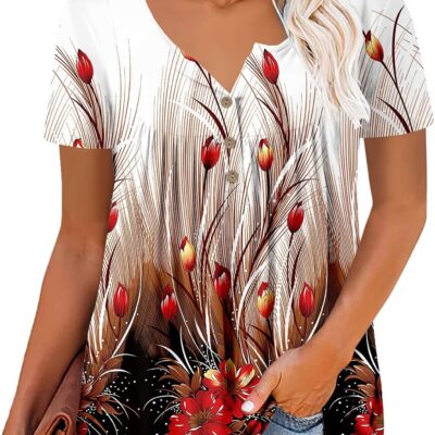 Mystry Zone Womens Henley V Neck Casual Blouse Button Down T Shirts Flare and Flowy Tops