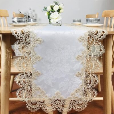 Rectangle Table Runner Beige Embroidered Lace 16 x 70 Inches Wedding Dining Table Dresser Scarf with Carnation Lace Fabric Washable for Coffee End